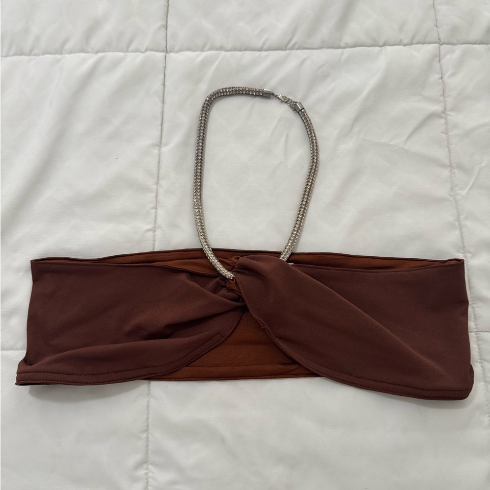 Meshki Brown Twist Front Bandeau Top